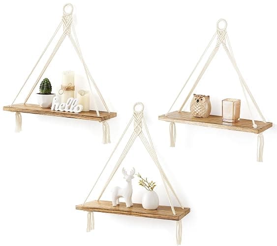 Mkono Macrame Hanging Shelves Boho Wall Decor Set of 3 Rustic Wood Floating Storage Shelf for Bedroom Bathroom Living Room Nursery Dorm Room, Display Shelving for Hanging Plants Photos - Image 1