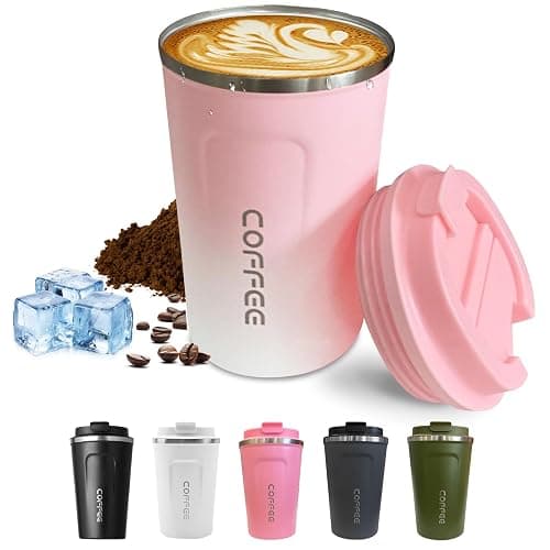 SPLMIFA Travel coffee mugs leak-proof, reusable coffee cups with lids, stainless steel vacuum thermos coffee tumblers,thermal insulation cups for men and women hot & cold drinks(2nd-Pink White, 12OZ) - Image 1