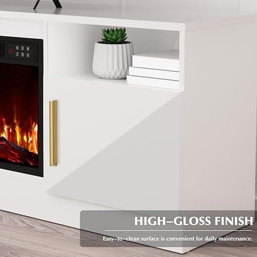 LEMBERI 70" Fireplace TV Stand for TVs up to 80", 36" Electric Fireplace 750W/1500W Entertainment Center with 20-Color LED, 300lbs Max Capacity High Gloss Storage Cabinet Console, White thumbnail 8