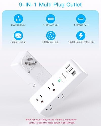 Surge Protector Outlet Extender - with Rotating Plug, 6 AC Multi Plug Outlet with 3 USB Ports (1 USB C), 1800J Wall Charger, 3-Sided Power Strip with Spaced Outlet Splitter for Home, Office, Travel thumbnail 4