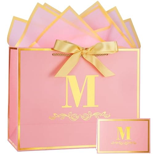 Initial Birthday Gift Bag with Card and Tissue Paper for Women/ Her, 13" Large Pink Gold Personalized Alphabet Bow Bag, Birthday Decorations for Women, Bridal Party Paper Bags for Gifts Wrapping - Image 1