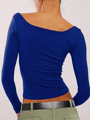 TiulZial Square Neck Shirt for Women - Long Sleeve Going Out Tops Double Lined Tight Crop T Shirt Slim Fit thumbnail 3