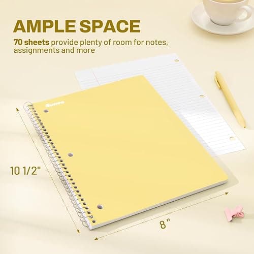 SUNEE Spiral Notebooks, 6 Pack, 1-Subject, College Ruled Paper, 8" x 10-1/2", 70 Sheets per Notebook, Assorted Pastel Colors Spiral Notebooks for School thumbnail 3