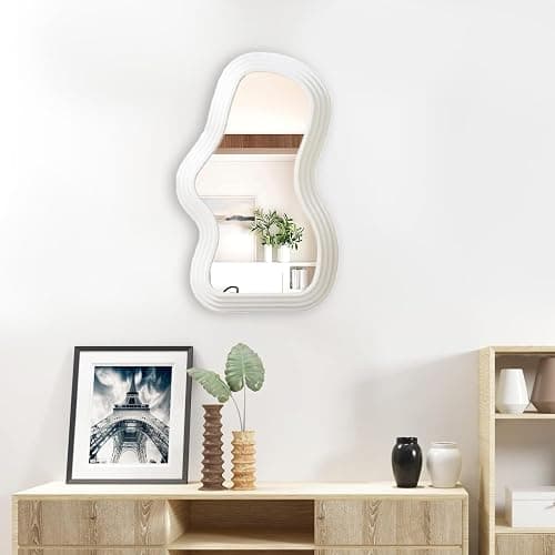 Mokoze Asymmetrical Wall-Mounted Mirror, Creative Unique Decorative Mirrors, Funky Wavy Mirror 16.14"x9.84" Irregular Border Pink Mirror for Bathroom Living Room Decoration thumbnail 7