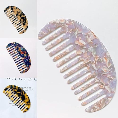 Cherjoury Wide Tooth Hair Comb Marble Acetate Anti-Static Detangling Hairbrush Jade White thumbnail 2