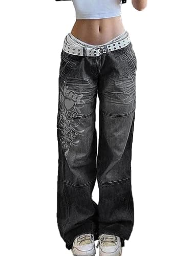 Xineicy Women's Low Rise Heart Pattern Baggy Jeans Washed Wide Leg Denim Cargo Pants - Image 1