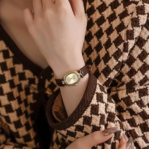 Womens Fashion Small Gold Oval Quartz Watches Vintage Leather Band Waterproof Luxury Casual Ladies Bracelet Wrist Watch Brown Black thumbnail 4