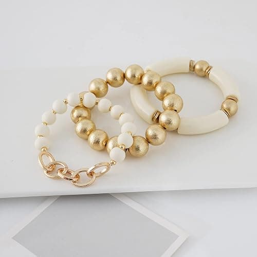 LALAPPLE Gold Plated Beaded Acrylic Bamboo Tube Bangle Bracelets for Women, Colorful Chunky Curved Tube With Gold Plated Pieces Beads Stretch Bracelet Friendship Summer Beach Jewelry thumbnail 2