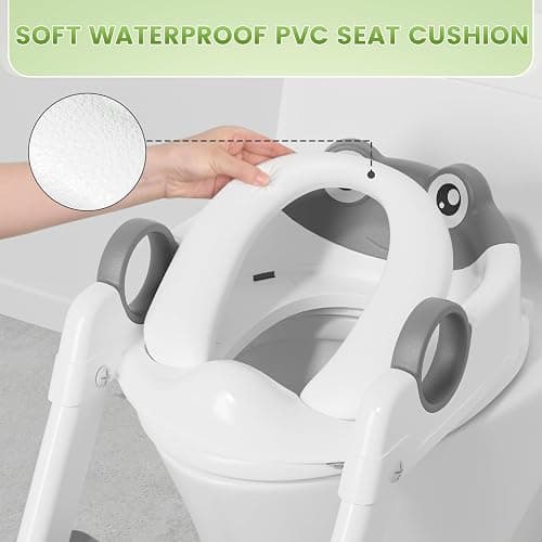 COOSEYA Frog Potty Training Seat, Upgrade 2 in 1 Toddler Toilet Seat,Waterproof Soft Mat Non-Slip Step Stool,Grey thumbnail 3