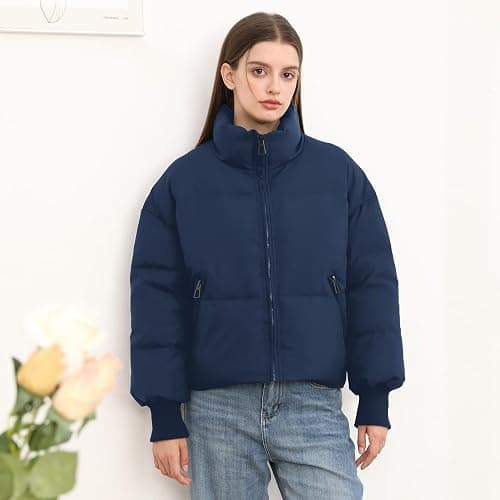 Women’s Winter Cropped Puffer Jacket Coat Casual Quilted Baggy Long Sleeve Zip Down Jackets Outerwear thumbnail 5