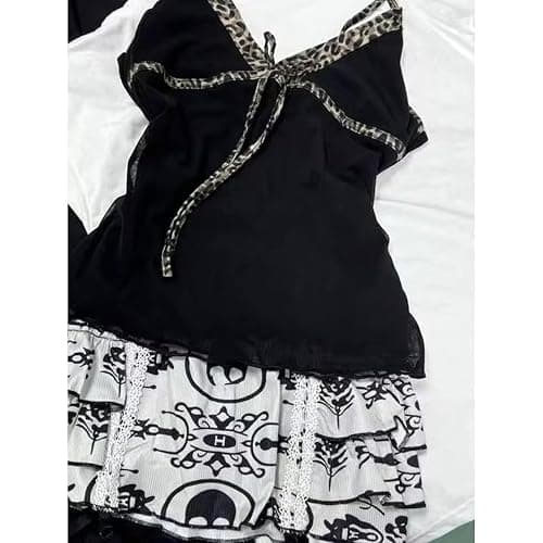 Emo Coquette Cropped Top Grunge 2000s Spaghetti Strap Tops Streetwear Vintage Camisole Y2k Cheetah Tops thumbnail 5