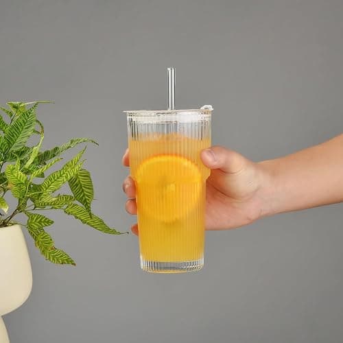 ALINK 2 Pack 20 oz Ribbed Glass Tumblers with Lids and Straws Glassware Cups Set, Thickened Glass, Ideal for Iced Coffee, Smoothies, Cocktails,Juices thumbnail 4