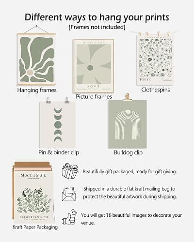 KBKBART Sage Green Room Decor Aesthetic Poster, Green Matisse Wall Art Prints, Minimalist Sage Green Wall Decor, Cute Line Flower Green Eclectic Gallery Art Wall Collage Set, Maximalist Wall Decor for Bedroom Dorm -Set of 16, Unframed thumbnail 3