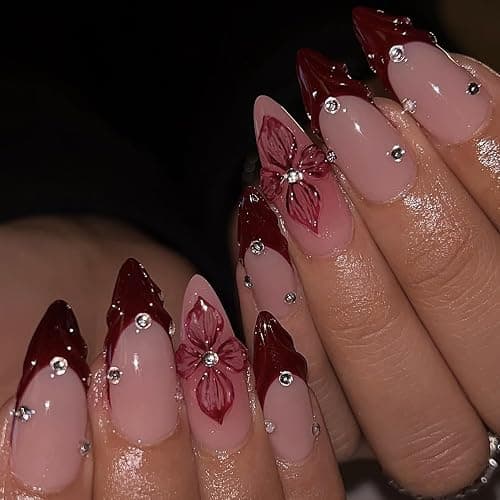 LPOODDNU Red French Tip Press on Nails Almond - Medium Flower Fake Nails with 3D Crystal Diamond Designs, Glossy Finished Reusable False Nails with Glue Tabs - 24Pcs Nail Kit for Women Manicure thumbnail 3