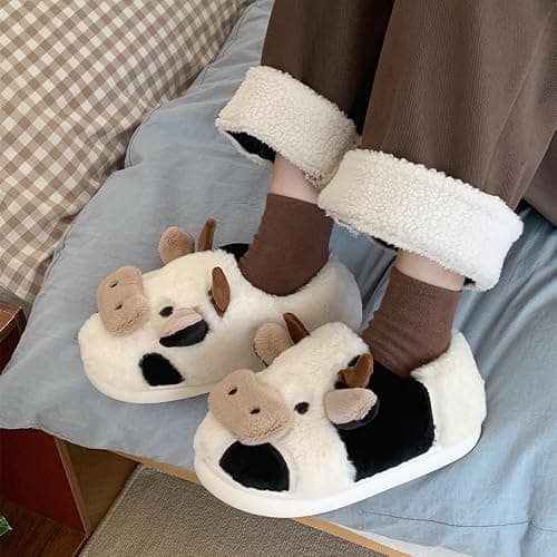 XIXITIAO Slippers For Women,Cow Slippers,Womens Fuzzy Slippers,Cute Animal Cartoon Fluffy Plush House Slippers For Women Men Indoor thumbnail 2