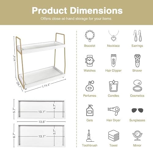 Forbena Bathroom Organizer Countertop, Counter Organizer for Bathroom Decor, Wooden Sink Shelf for Vanity Storage, Makeup Tray for Perfume Skincare Bedroom Kitchen Corner (2 Tier, White and Gold) thumbnail 2