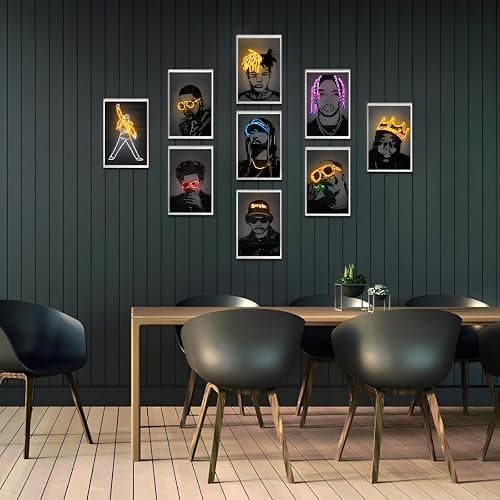 AKRFUWE Printed Posters, 9Pcs Rapper Singers Neon Design Decorative Abstract Modern Paintings Wall Art Prints Unframed Decor for Home Office Bedroom Living Room Bathroom (Rapper Singers-1, 12x18 inch - 12x18 inch Unframed - Rapper Singers-1 thumbnail 5