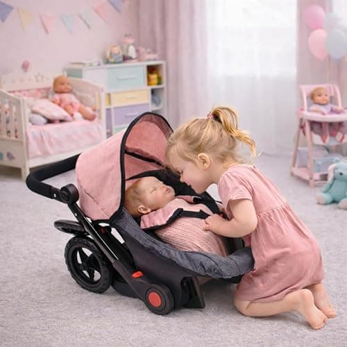 Baby Doll Convertible Travel Stroller for Girls Toddler Play Toy Car Seat Two in One Foldable Carriage for Kids with Diaper Bag Pretend Play Stroller for Doll thumbnail 6