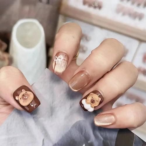 10Pcs Cute 3D Capybara Press On Nails, Short Brown Almond Tips with Clear White Accents, Glossy Resin Fake Nails in XS S M (XS) thumbnail 6