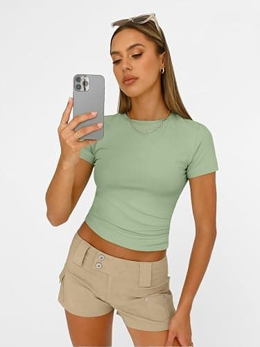 AUTOMET Women's Crew Neck Short Sleeve Basic Stretchy Tight Fitted T-Shirt thumbnail 3
