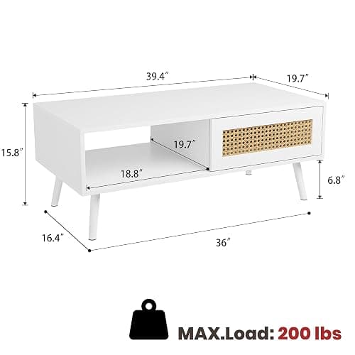 IDEALHOUSE 2 Piece Living Room Set, 62" TV Stand Coffee Table, White | Rattan TV stand and matching coffee table provide concealed storage and display space for an organized living room setup thumbnail 4