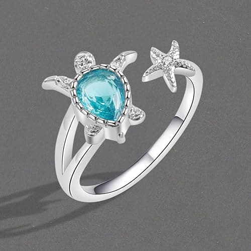 OIDIMS Sea Turtle Starfish Statement Ring Blue Cubic Zirconia Adjustable Open Crystal CZ Animals Pets Nature Ocean Rings Finger Band Eternity Wedding Engagement Cute Jewelry for Women thumbnail 3