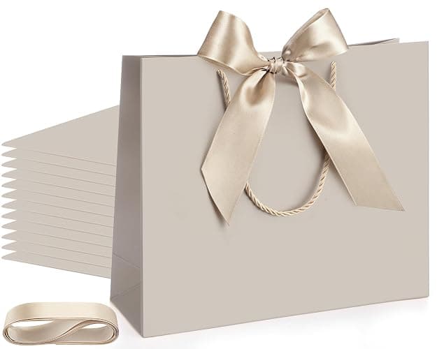 Silkfly 12 Pcs Thank You Gift Bags with Handle 12x10x4'' Welcome Return Gifts Bag with Bow Ribbon for Valentine Wedding Bridesmaid Baby Shower New Year Housewarming Birthday (Champagne) - Image 1