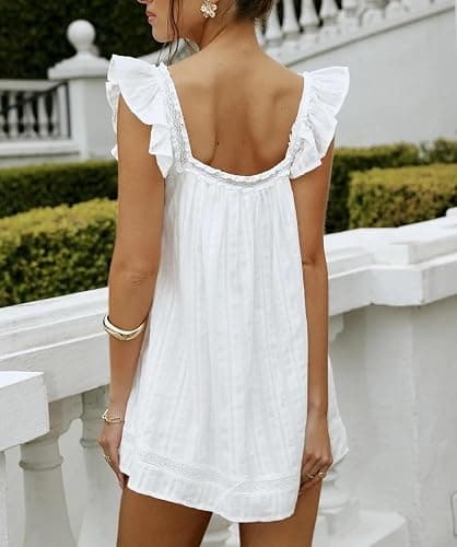 Women Lace Trim Mini Cami Dress Spaghetti Strap Square Neck Short Dress Boho Loose Flowy Backless Babydoll Dresses thumbnail 2