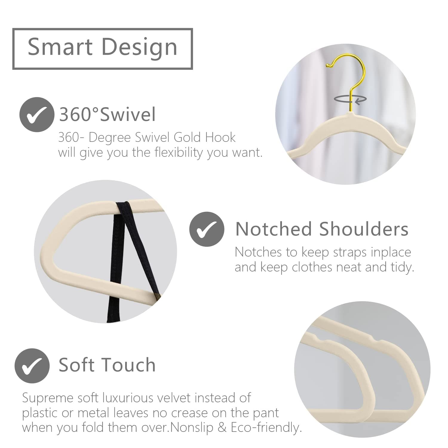 MIZGI Premium Velvet Hangers Pack 50 Pcs Heavyduty - Non Slip Slimline - Velvet Suit Hangers Ivory - Gold Hooks,Space Saving Clothes Hangers … thumbnail 3