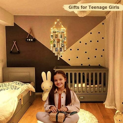 Homecor Hanging Photo Display Wall Decor, Macrame Wall Hanging Boho Room Bedroom Decor, Picture Frame Collage Board with Light 30 Clip, Christmas Teenage Teen Girl Gifts Ages 10 11 12 13 14 Years Old thumbnail 5