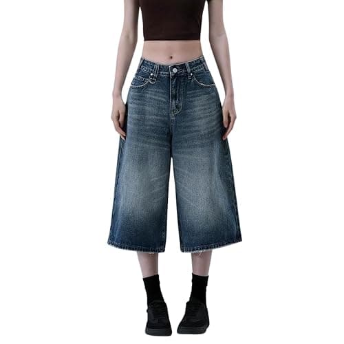 OTEEGX Jorts Women Baggy Jean Shorts Summer Long Denim Y2k Shorts for Women | Barrel Wide Leg Capri, High Rise, 4 Pockets, Plus Size Summer Bermuda Jorts, Boyfriend Vintage Streetwear thumbnail 2