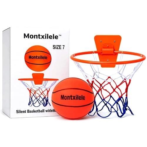 Montxilele Indoor Silent Basketball Size 7 with Hoop (29.5") – Airless Foam Ball for Quiet Indoor Dribbling, Ships Uncompressed, Foldable Wall-Mounted Hoop with Adhesive Mount, No Drilling thumbnail 3