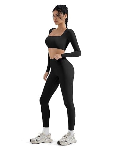 SUUKSESS Women 2 Piece Workout Sets Compression Tummy Control Leggings with Pockets Long Sleeve Square Neck Padded Crop Tops thumbnail 4