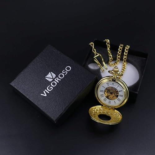 VIGOROSO Vintage Hand Wind Up Pocket Watches for Men, Mechanical Pocket Watch with Chain, Mens Skeleton Pocketwatch thumbnail 9