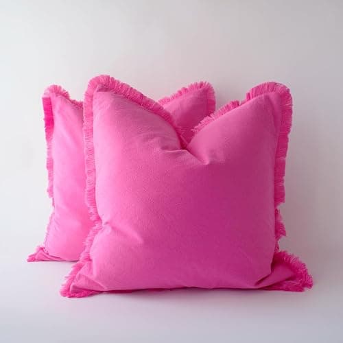 Boho Pillow Covers Hot Pink Pillow Covers 18x18 Soft Square Cushion Cases Decorative Pink Throw Pillows Set of 2 for Sofa Bedroom Car 18 x 18 Inch Hot Pink - Image 1