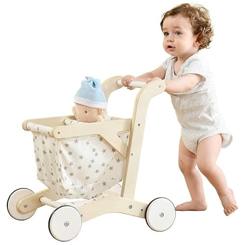 labebe Baby Push Walker Doll Stroller, Push Toy for Toddler, Shopping Cart for Girls and Boys 1 Years Old, Kids Stand Learning Walker, Wooden Play Wagon with Wheel, Larger Size 15.2 * 18.7 * 19.7 - Image 1