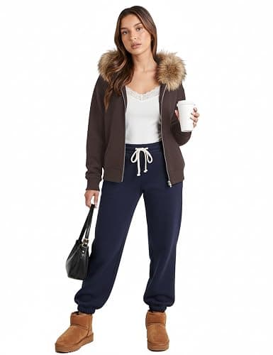 Lauweion Womens Faux Fur Trim Zip-Up Hoodie Fleece Lining Casual Oversized Hooded Sweatshirt with Pockets thumbnail 4