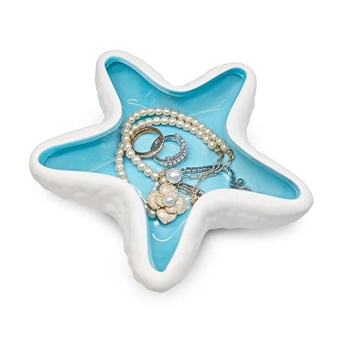 Starfish Jewelry Dish Ceramic Trinket Tray - Ocean Themed Ring Holder for Earrings, Necklaces, Beach & Bathroom Organizer with Glossy Glaze, Coastal Room Decor Gift for Women - Image 1