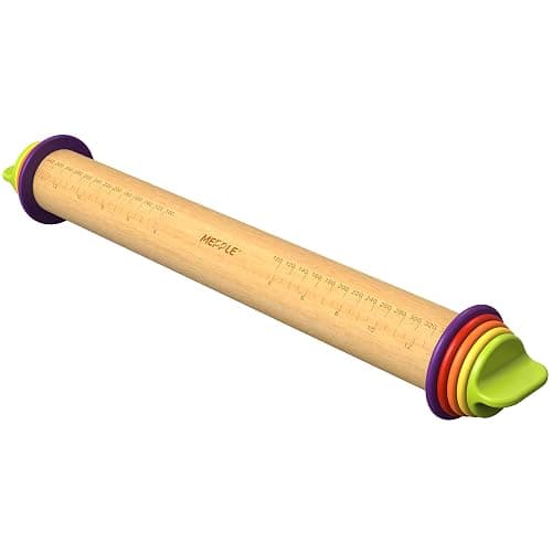 Mepple Adjustable Wooden Rolling Pin with 4 Removable Thickness Rings,Great for Baking Dough, Pizza, Pie, Pastries, Pasta, Cookies and More, 13.6" x 2.5" x 2.5", Multicolor - Image 1