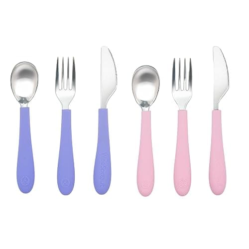 Kids Stainless Steel Utensils Set - Premium 18/8 Grade Silverware Kit - 2 Spoons, 2 Forks, and 2 Knives for Ages 4-7 - Silicone Easy-Grip Handles - Children Flatware Cutlery (Bright - Purple, Pink) - Image 1