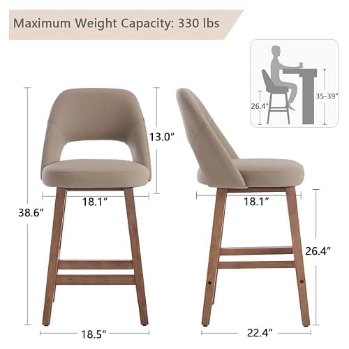 Rowill Counter Height Bar Stools Set of 4, 26 Inch Faux Leather Bar Stools with Back, Upholstered Barstools with Footrest, Wood Legs, Vegan Leather, Khaki thumbnail 2