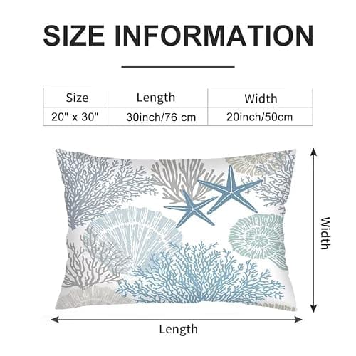 Beach Theme Throw Pillow Cover Queen Size Set of 2,Nautical Blue Coral Starfish Ocean Marine Coastal,Lumbar Pillow Case Standard Pillow Cases with Zipper Decorative Cushion Covers,20"x30",Teal Blue thumbnail 2