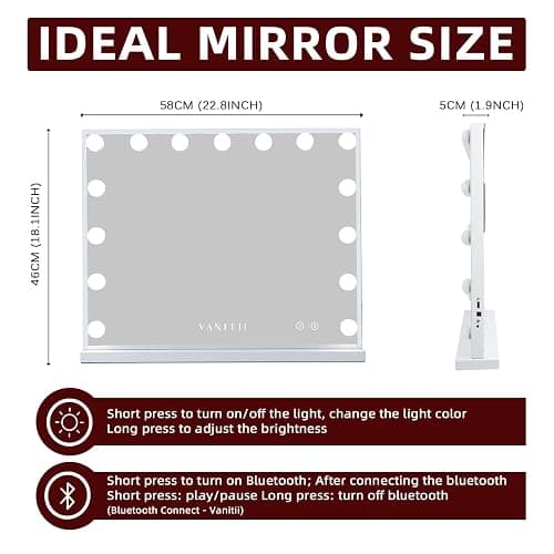 VANITII Vanity Hollywood Mirror with Lights Speaker USB Charging Lighted Makeup Mirror with Bulbs 3 Lighting Modes and Desktop Light up Mirror for Bedroom Dressing Room - 18.1"L x 22.8"W thumbnail 2