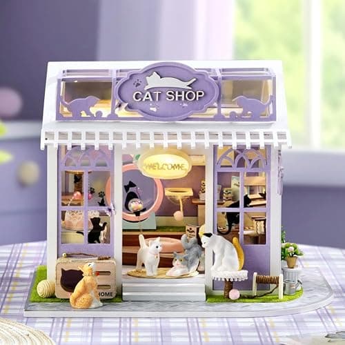 DIY Puppenhaus Miniatur Kit, Mini Cat Pet Shop Puzzle Modell 1:24 Kätzchen Puppenhaus Möbel Zubehör und LED Lichter Kinder Teen und Erwachsene bauen Geschenk (Cat Store) thumbnail 4