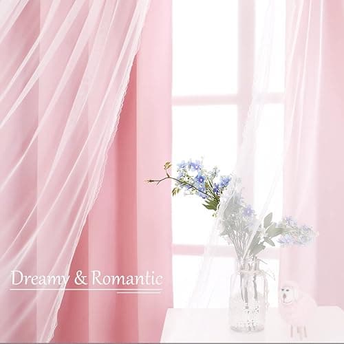 SOFJAGETQ Pink Curtains 84 inch Length - Double Layers Blackout and Sheer with Lace Hem Window Curtains & Draperies Panels for Kids/ Girls Bedroom Living Room Nursery, 2 PCs - 52 x 84 White thumbnail 5