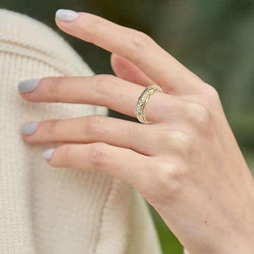 BlingNook Dainty Engraved Plumeria Flower Ring, 14K Gold Plated Hawaiian Princess Plumeria Flower Scroll Promise Ring Stackable Wedding Engagement Band Jewelry for Women or Men thumbnail 3