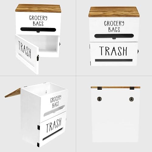 Liuceny 2 in 1 Trash Bag Dispenser, Double Wall Mounted,Wood Trash Bag Holder, used in kitchen, garage, laundry room, can store Environmentally friendly food bags and garbage bags (White) thumbnail 6