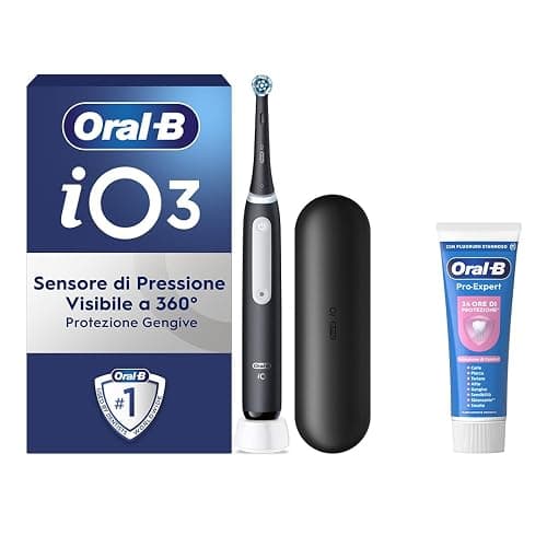 Oral-B Spazzolino Elettrico Ricaricabile iO 3 Nero, 1 Spazzolino Elettrico, 1 Testina Di Ricambio, Custodia Da Viaggio + Dentifricio Oral-B Pro-Expert Sensibilità, Pulizia Denti Efficace - Image 1