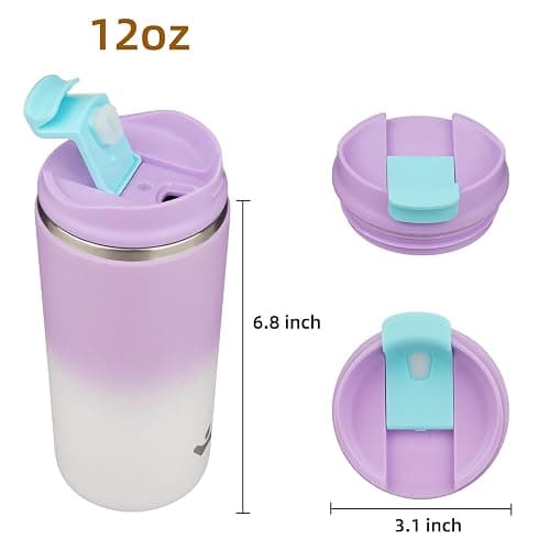 Konokyo 12oz Travel Coffee Mug with Lid, Insulated Stainless Tumbler | Purple White; BPA-free, leak-proof travel mug for hot coffee, iced coffee, office, home, camping, commute & daily use thumbnail 3