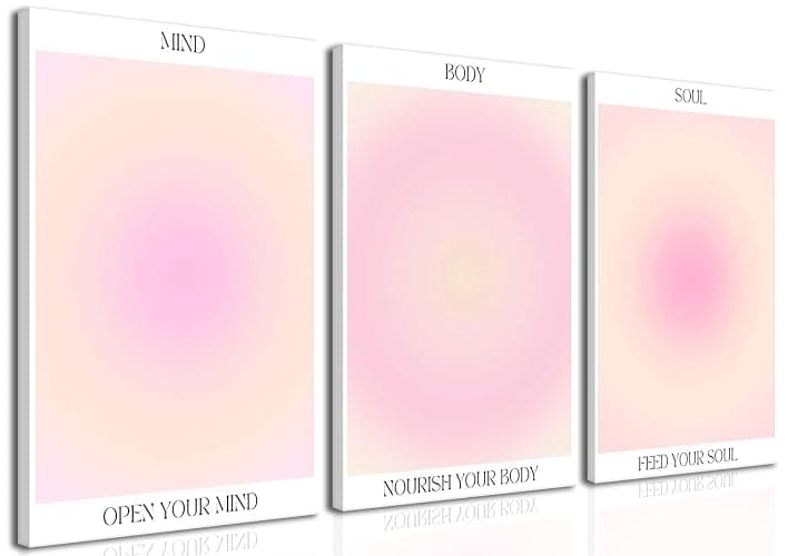 Trendy Aesthetic Canvas Wall Art Aesthetic Set of 3 | Gradient Psychedelic Aura Angel Posters Prints Room Decor | Pink Wall Art Decor for Bedroom, Living Room - Framed 16x24 Inch - 16"x24"x3 Framed - Pink - Image 1